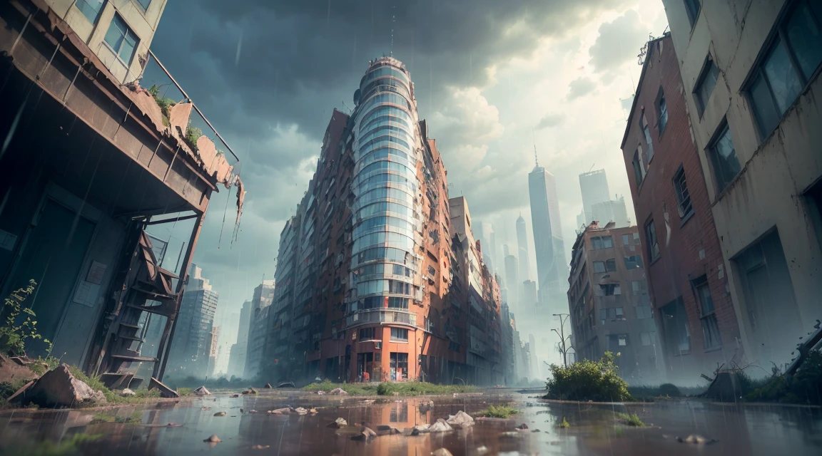 (((Artistic image, Half of the image (Surreal scene with a grand piano amongst collapsed walls, Covered grand piano, Dusty, com Teia de Araña), Half of the image ((Opening to abandoned night big city with skyscrapers in the rain), ((Rain in the city):1.5), (Deteriorating skyscraper), (limo, Rust and fragility of buildings), ( Skyscraper with silt), ( Rusty skyscraper), ((A profound precedent):1.5), Architectural details with soft lighting create a dreamy atmosphere, The piano is a symbol of timeless beauty in the midst of decadence., Digital painting with impressionist elements, High detail, Wide-angle shot, Add a bit of mystery to your composition))), (Path Trace), (cyber punk), (Post-apocalyptic), 16K, Ultra-high resolution, Highest quality, Maximum resolution, Surreal, Ultra-detailed