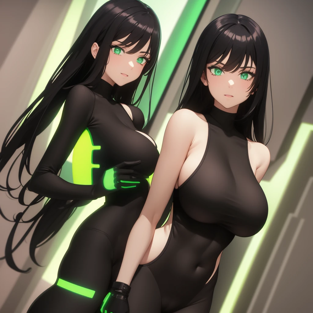 Black hair, green eyes, large breasts, tight neon green sci-fi bodysuit.