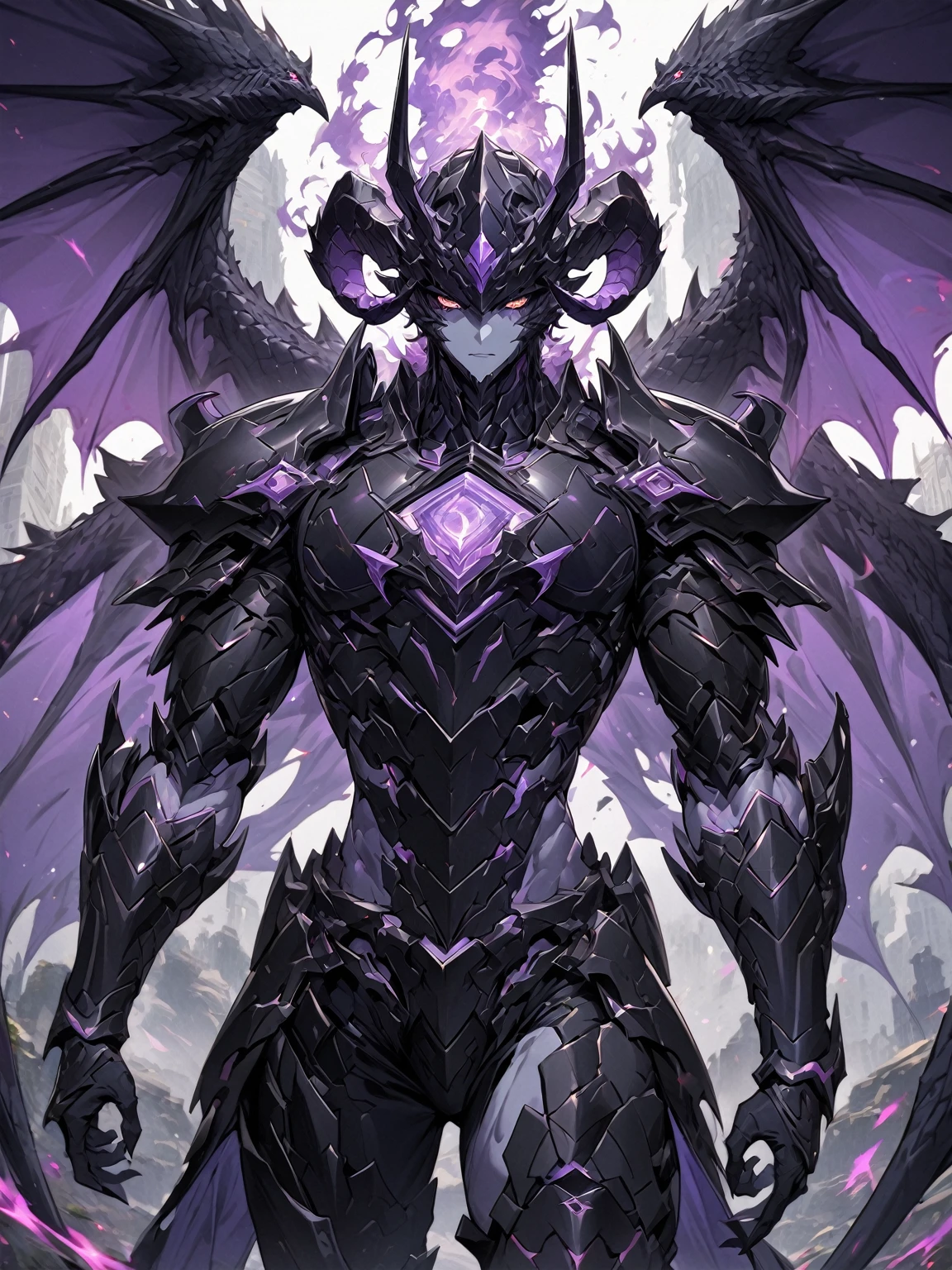 Masterpiece, Very detailed, ultra detailed, one, (1 man), man with a V-shaped body, Gray skin colour, dragon horns, two large dragon wings, full detailed dark obsidian armor with light purple details that seemed like a purple fire. Long black hair combed back, and reptile eyes that shine crimson-purple. In the style of manhwa "Omniscient Reader's Viewpoint"
