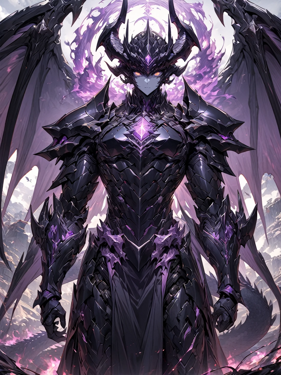 Masterpiece, Very detailed, ultra detailed, one, (1 man), man with a V-shaped body, Gray skin colour, dragon horns, two large dragon wings, full detailed dark obsidian armor with light purple details that seemed like a purple fire. Long black hair combed back, and reptile eyes that shine crimson-purple. In the style of manhwa "Omniscient Reader's Viewpoint"