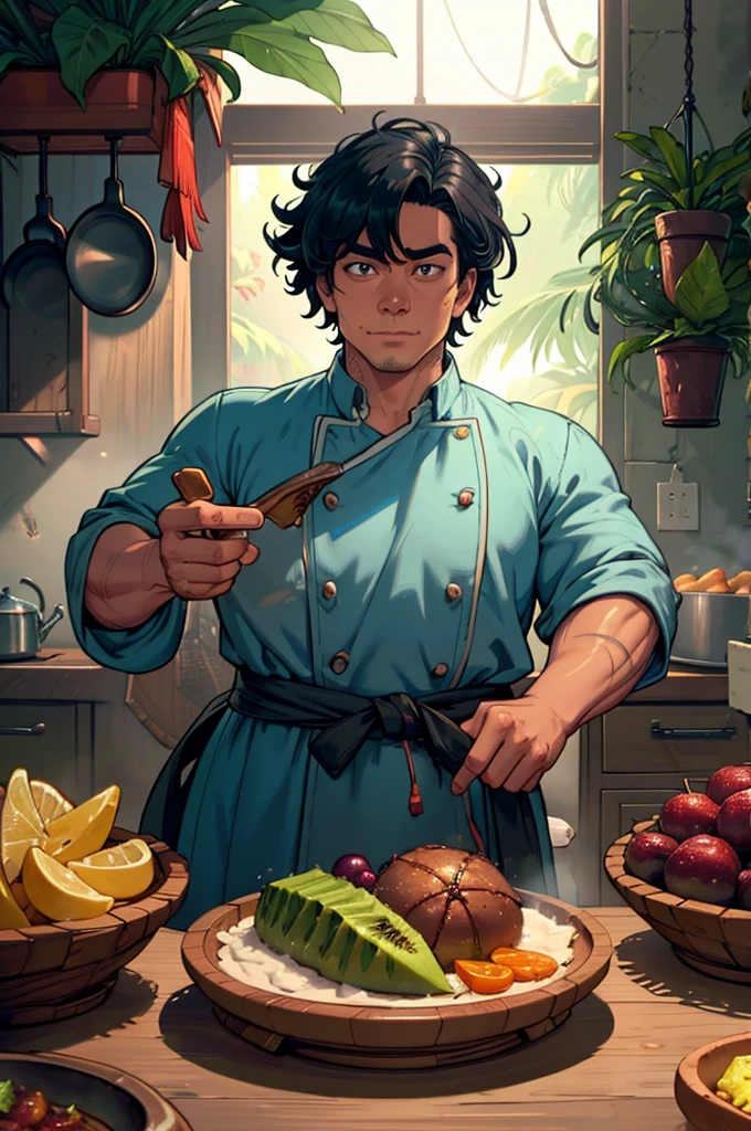 a tropical man, a man in a chef uniform, a male chef, a cook, detailed face, detailed eyes, detailed skin, detailed clothing, highly detailed, photorealistic, 8k, high resolution, masterpiece, cinematic lighting, vibrant colors, moody lighting, dramatic shadows, fantasy, very fat build, dynamic pose, tattoos, tropical environment, lush vegetation, vines, exotic fruits, steam rising, delicious food on a table, intricate details, ornate patterns, rich textures
