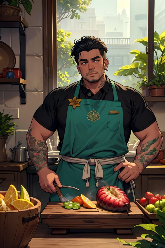 a tropical man, a man in a chef uniform, a male chef, a cook, detailed face, detailed eyes, detailed skin, detailed clothing, highly detailed, photorealistic, 8k, high resolution, masterpiece, cinematic lighting, vibrant colors, moody lighting, dramatic shadows, fantasy, very fat build, dynamic pose, tattoos, tropical environment, lush vegetation, vines, exotic fruits, steam rising, delicious food on a table, intricate details, ornate patterns, rich textures
