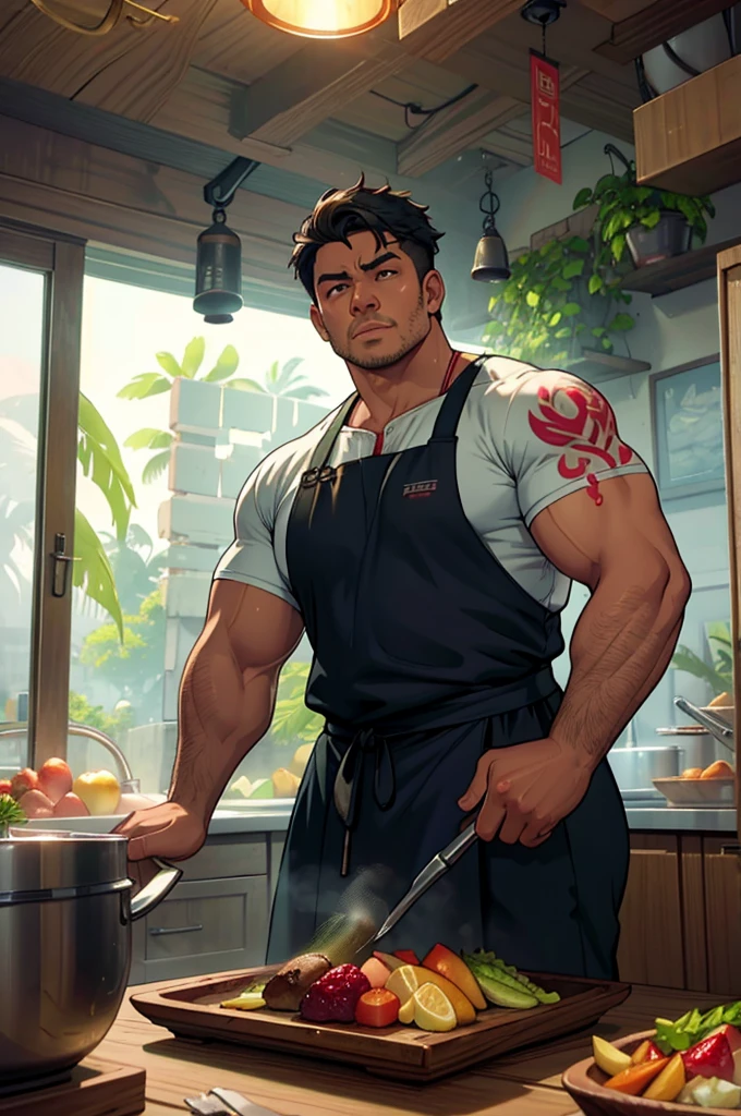 a tropical man, a man in a chef uniform, a male chef, a cook, detailed face, detailed eyes, detailed skin, detailed clothing, highly detailed, photorealistic, 8k, high resolution, masterpiece, cinematic lighting, vibrant colors, moody lighting, dramatic shadows, fantasy, very fat build, dynamic pose, tattoos, tropical environment, lush vegetation, vines, exotic fruits, steam rising, delicious food on a table, intricate details, ornate patterns, rich textures
