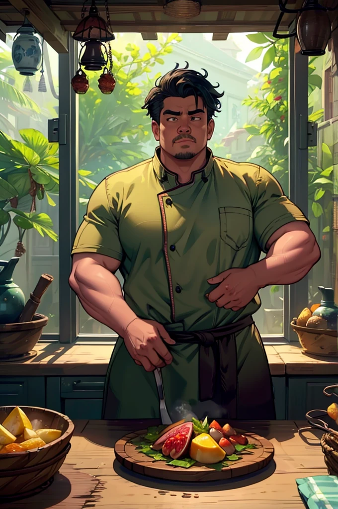 a tropical man, a man in a chef uniform, a male chef, a cook, detailed face, detailed eyes, detailed skin, detailed clothing, highly detailed, photorealistic, 8k, high resolution, masterpiece, cinematic lighting, vibrant colors, moody lighting, dramatic shadows, fantasy, very fat build, dynamic pose, tattoos, tropical environment, lush vegetation, vines, exotic fruits, steam rising, delicious food on a table, intricate details, ornate patterns, rich textures
