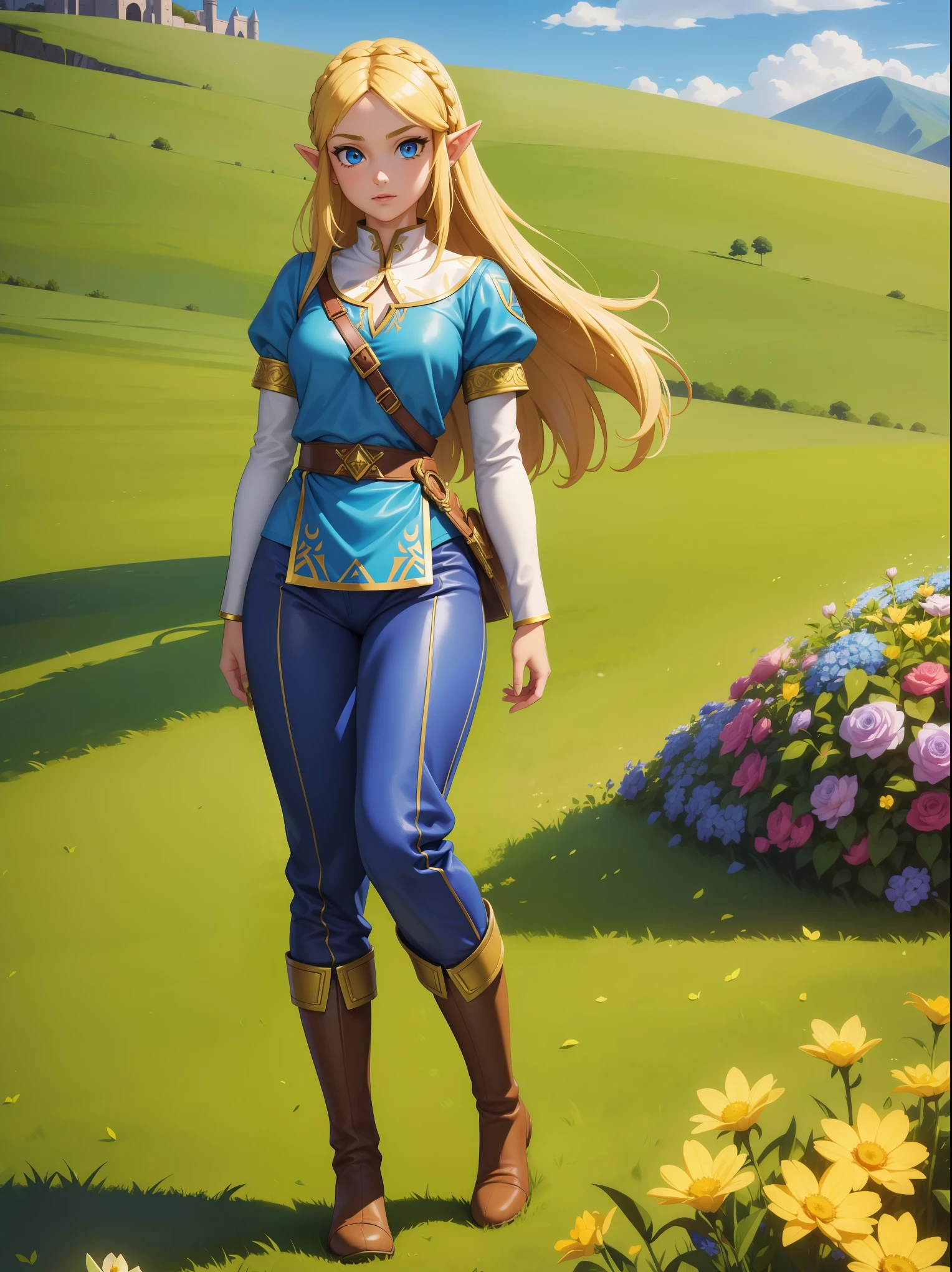 masterpiece, best quality, 1girl, solo, Princess Zelda, long blonde hair, blue eyes, blue quilted blouse with gold detailing, fitted pants, and thick leather boots, epic color palette, 12k resolution, flower field background