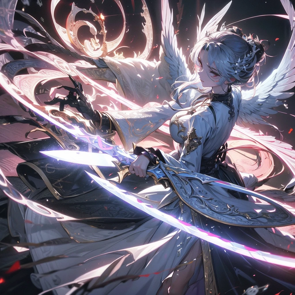 1 dark angel praying, knee down, wings, simple plain background, flowers and sword, view from her right side, diamond, smoke, lolita white long dress, rage, bloody, 8k, hd, unreal engine, dreamy, romantic