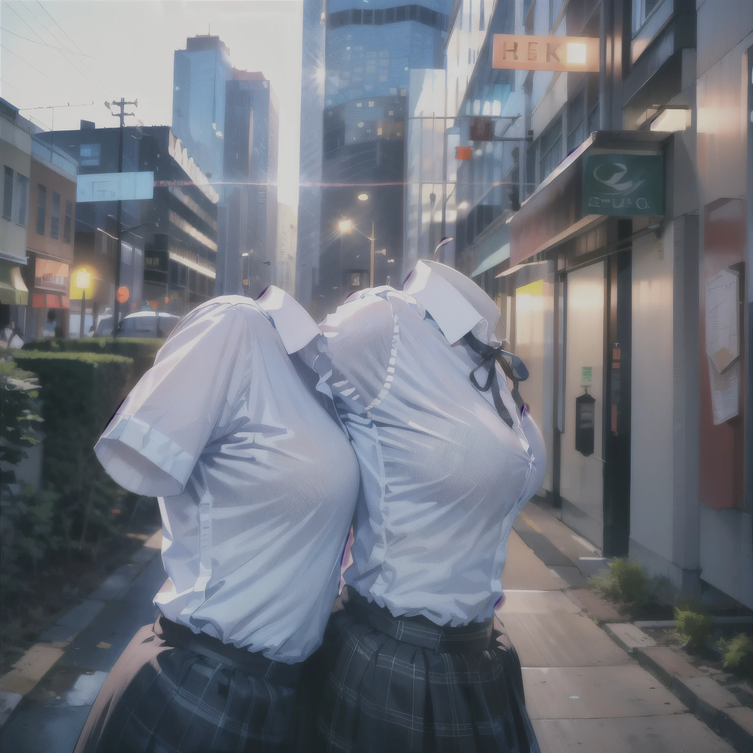 school blouse, plaid skirt, in city, (invisible, no humans, headless, faceless:1.5), cute big breast, absurdres, highres, ultra detail, Clothing Details, from side, close view