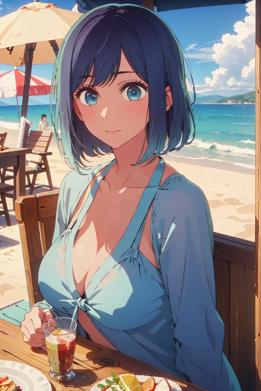 (Highest quality:1.4、masterpiece:1.4、Super detailed:1.4、8K:1.4)、((((1 person、Surprised expression、sit、Outdoor café terrace、coastal、juice、table、Sandy Beach、juiceのグラスを持つ、Micro Bikini、Very soft boobs、Big eyes、Very cute face))))、F cup bust、Medium breast