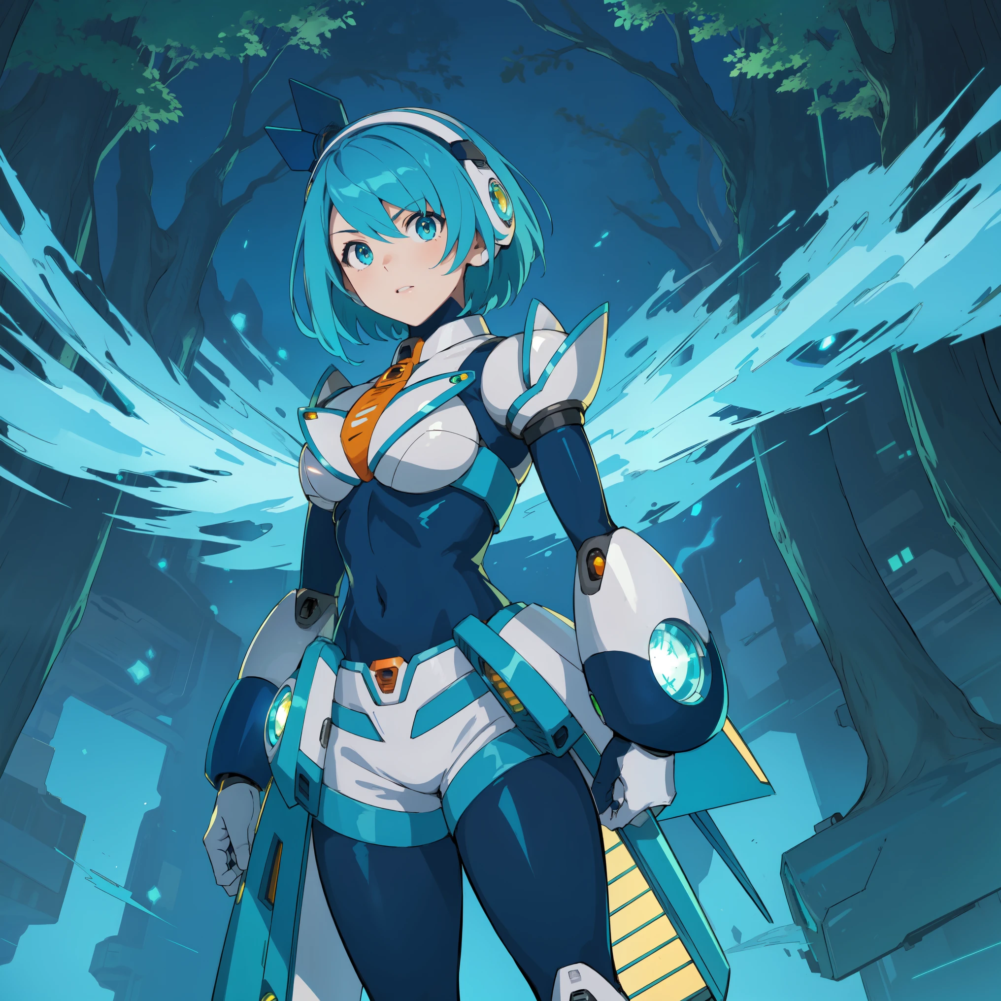 rico_megamanxdive, 1girl, solo, blue eyes, short hair, blue hair, android, high quality, masterpiece, standing with green flames coming from a tree