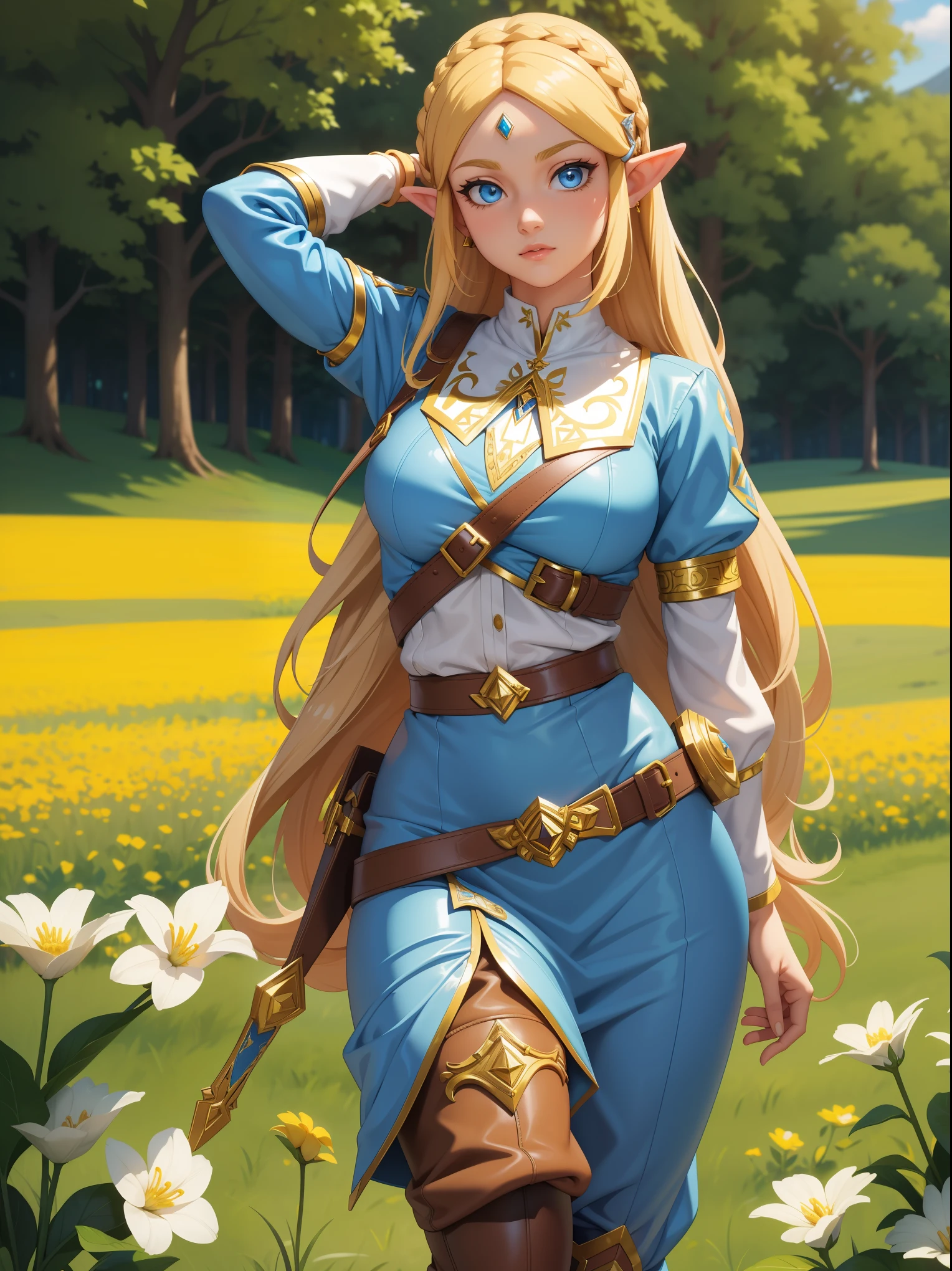 masterpiece, best quality, 1girl, solo, Princess Zelda, long blonde hair, blue eyes, blue quilted blouse with gold detailing, fitted pants, and thick leather boots, epic color palette, 12k resolution, flower field background