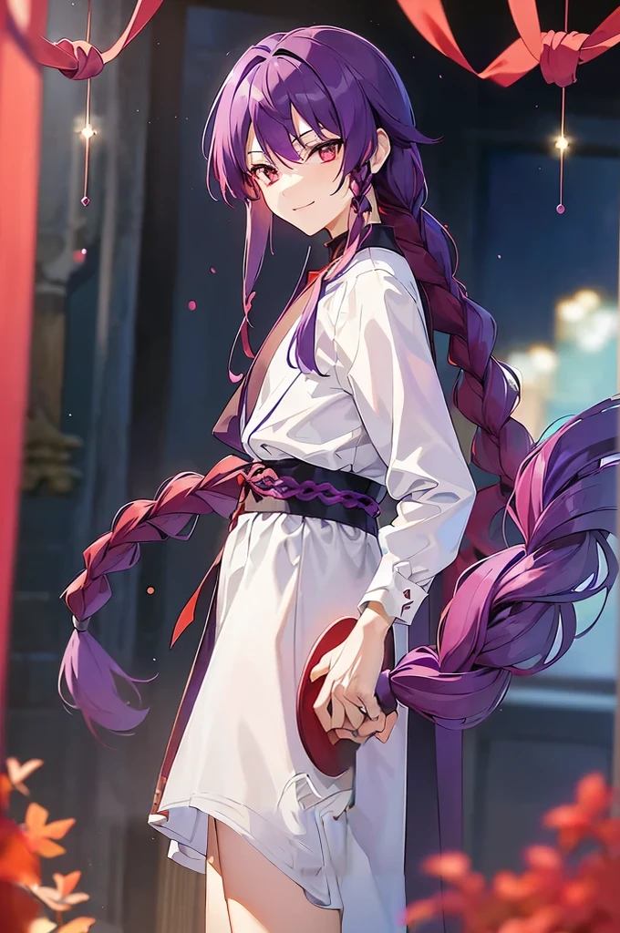 (((Purple Hair、Dye the inside of your hair red、Long Hair、Knot、Braid、Bright red eyes)))A man wearing a black robe、Smiling young man、Man standing facing forward、（（（A boy standing with a stick）、（White background）、{{masterpiece}}, The best quality of life