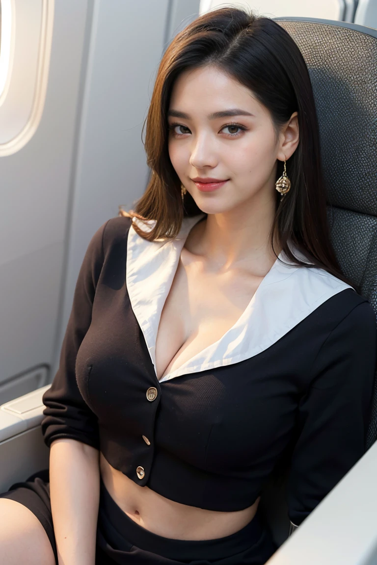 (master piece:1.2),(8k high resolution), (highest quality), (RAW image quality), (realistic), (realistic:1.37), ,Big and patchy eyes,long eyelashes,(Live-action realistic style),realistic light and shadow,clear facial features,,Fair skin, ),(ultimate face,),best portrait, 1-Girl,beautiful and fine eyes,highly detailed skin,(Beautiful face with double eyelids), (realism: 1.4),((full body image)) ,delicate and beautiful face,,woman around 30 years old,(beautiful face 1.4),straight hair length,,(lipstick,glitter around the eyes,beautiful earrings),((Shot on an airplane)),(stewardess uniform,)),(Stewardess in uniform),,(3/4 length),Shoot head-on,,Close-range shooting,((sit on an airplane,show your white panties)),I can see your belly button,Navel exposure,(((Always look at the audience and smile),(No bra,A little cleavage is exposed),,wearing a skirt、((Wearing a stewardess uniform)),(Show a beautiful smile without opening your mouth),(Please open your legs and show me your crotch.)