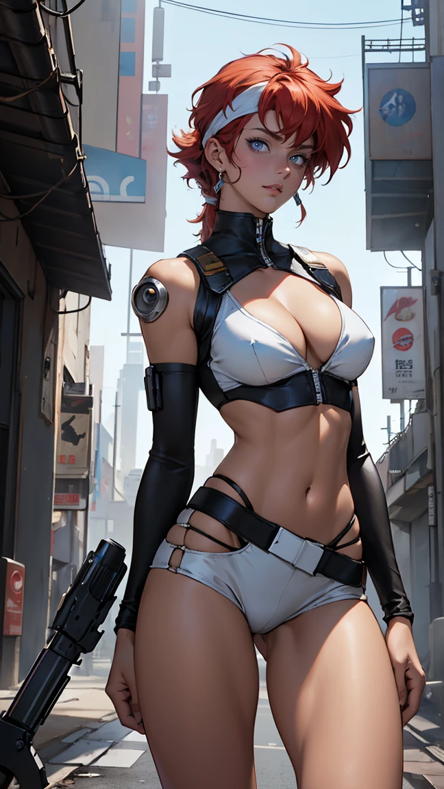 ((Masterpiece, highest quality; 1.3)), super quality, beautiful detail, super detailed, extra fine, 16K, exquisite, absurd, high resolution, beautiful background, detailed background, beautiful eyes, beautiful skin, anime style, Kay from Dirty Pair in a white outfit, tight outfit, cleavage, bushy redhead beauty, very light blue uniform, wearing tight clothes, skimpy, (mid chest: 1.2), cleavage, cleavage, slim waist , thin waist, slim thighs, thin legs, slim legs. thigh gap, showing stomach, skinny, thin hips, cyberpunk city background, holding retro space gun , headband, 