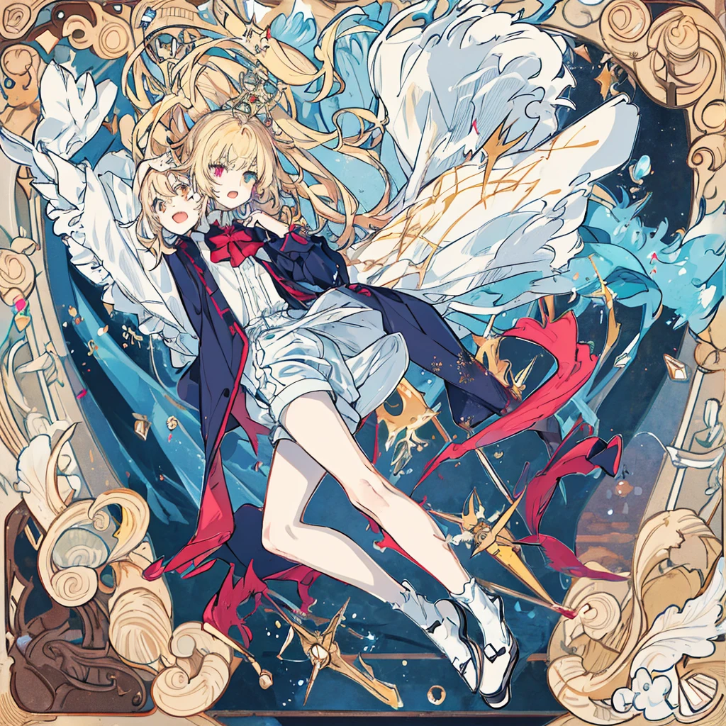 short cute male, very pale skin, beautiful eyes, perfect hands, heterochromia, one eye is red one eye is pink, long legs, narrow waist, perspective, short chin-length blonde hair with dyed pink tips, perfect hands, crossed bangs, vivid colors, best quality, high quality, short messy wavy hair, casual wear, overalls, loose sleeves, pale blue jean shorts, striped knee high socks, earring on left ear, fangs, :3, smug, CG image, splash art, high detail