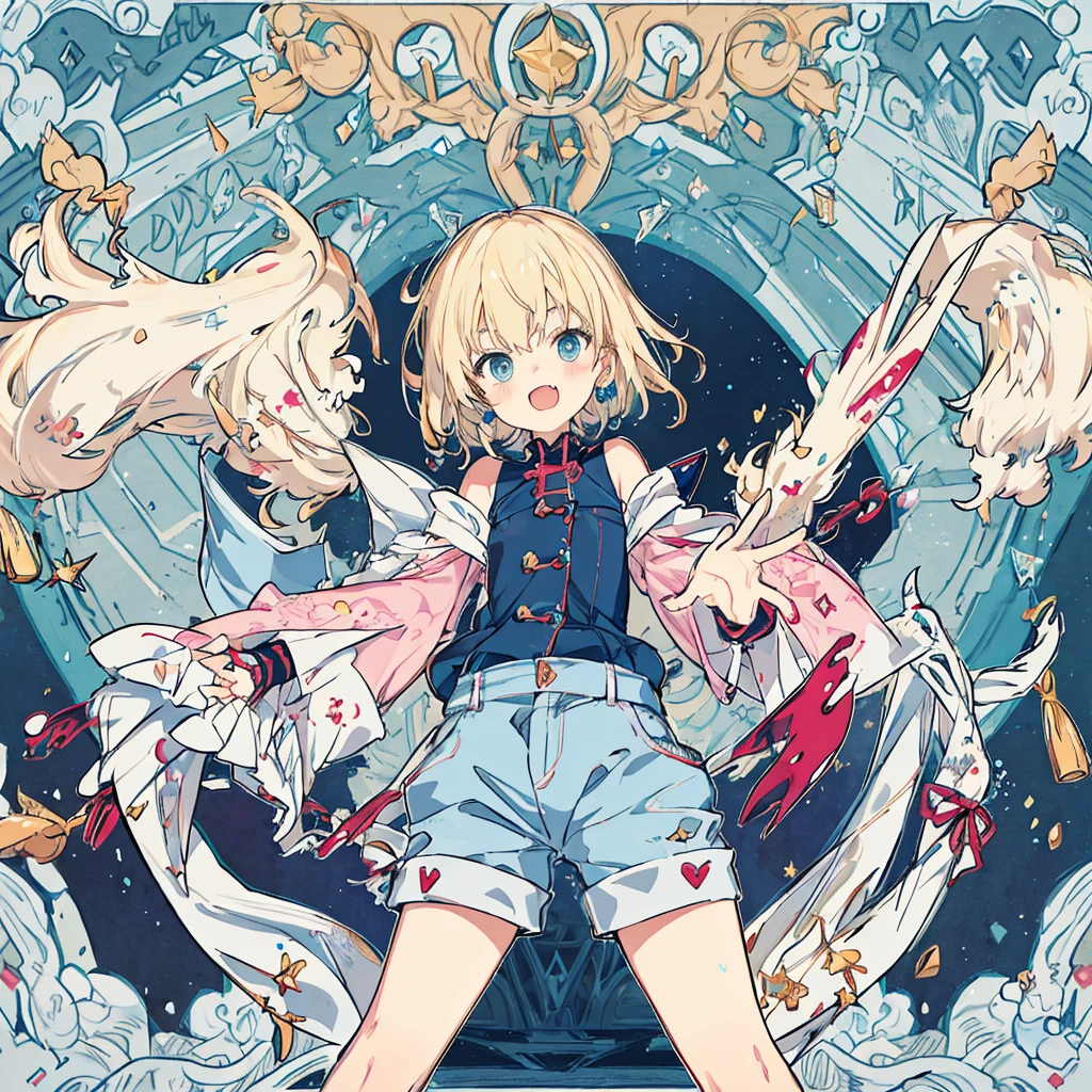 short cute male, very pale skin, beautiful eyes, perfect hands, heterochromia, one eye is red one eye is pink, long legs, narrow waist, perspective, short chin-length blonde hair with dyed pink tips, perfect hands, crossed bangs, vivid colors, best quality, high quality, short messy wavy hair, casual wear, overalls, loose sleeves, pale blue jean shorts, striped knee high socks, earring on left ear, fangs, :3, smug, CG image, splash art, high detail
