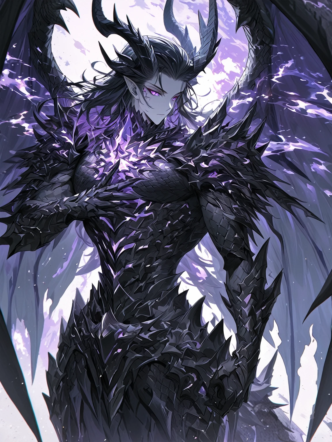 Masterpiece, Very detailed, ultra detailed, one, (1 man), man with a V-shaped body, Gray skin colour, dragon horns, two large dragon wings, full detailed dark obsidian armor with light purple details that seemed like a purple fire. Long black hair combed back, and reptile eyes that shine crimson-purple. In the style of manhwa "Omniscient Reader's Viewpoint"
