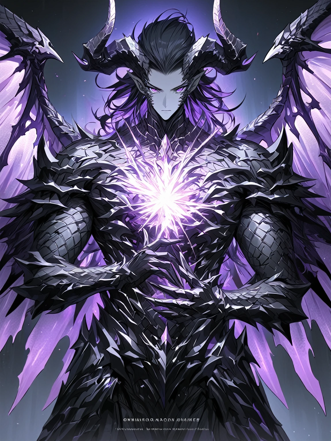 Masterpiece, Very detailed, ultra detailed, one, (1 man), man with a V-shaped body, Gray skin colour, dragon horns, two large dragon wings, full detailed dark obsidian armor with light purple details that seemed like a purple fire. Long black hair combed back, and reptile eyes that shine crimson-purple. In the style of manhwa "Omniscient Reader's Viewpoint"