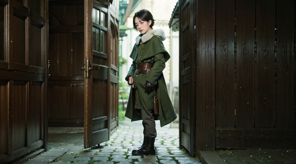 yuichiro hyakuya, (WithoutFear:1), 1 boy, black hair, green eyes, brown coat, gray armor, green shield, green cloak, dark brown gloves, town, white fur trim, anime, standing, good quality, portrait, looking at viewer