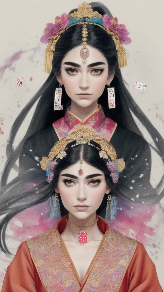 dramaticangle,(Floating delicate ink), (illustration),(((1 girl))),(Long hair),(rain:0.6),(Poker face ,Hair accessories:1.4),There is an ancient palace next to the girl,Chinese clothes,(focus on), Color ink painting,(Ink splash),Splash of Color,((rich and colorful)),[sketch], masterpiece,best quality, Beautifully painted,Very detailed,(Denoising:0.7),[Ink splash],yin yang
