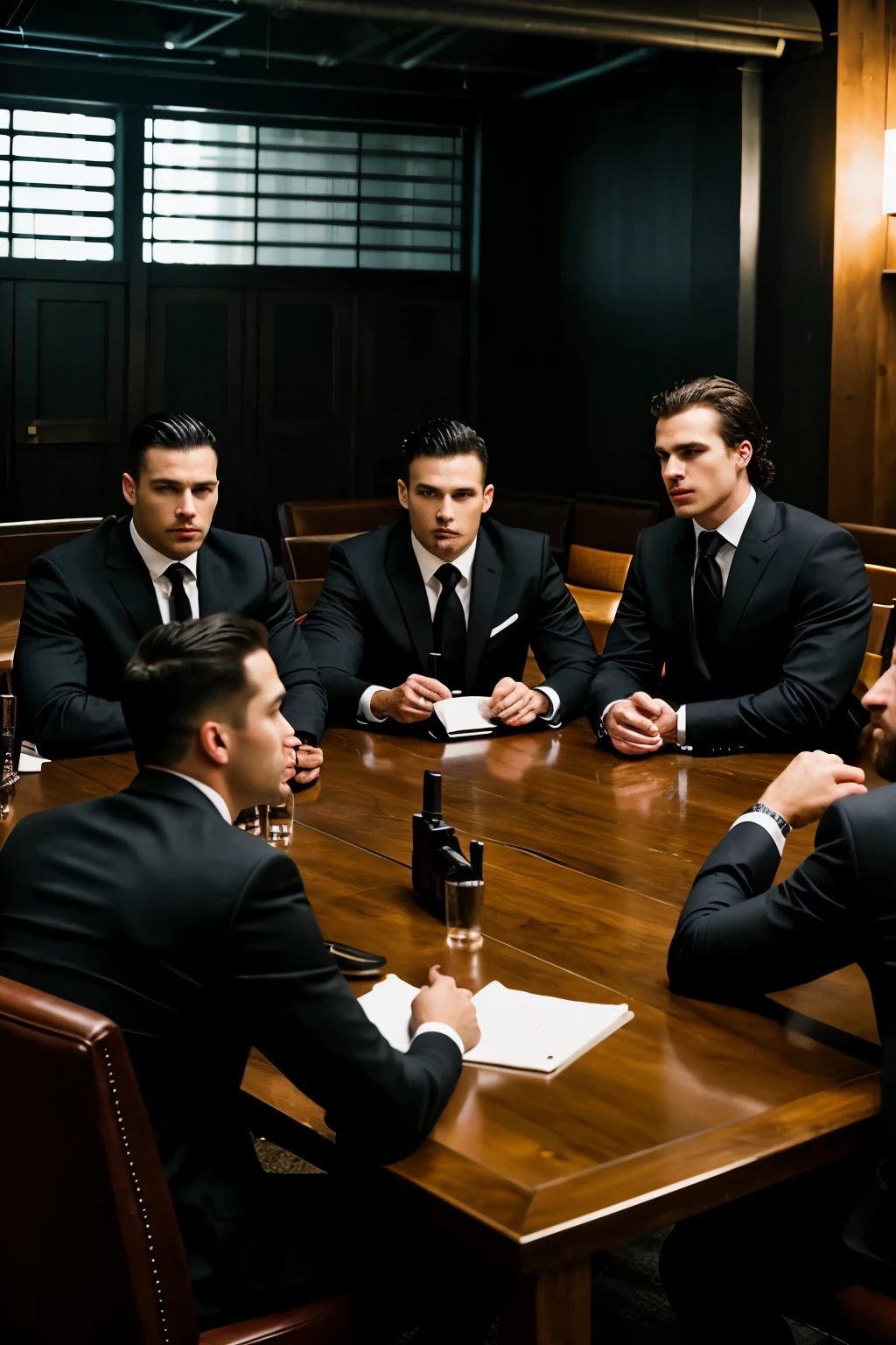 generate me a group of badass looking men with guns in the table. make the atmosphere dark and make their suit black.