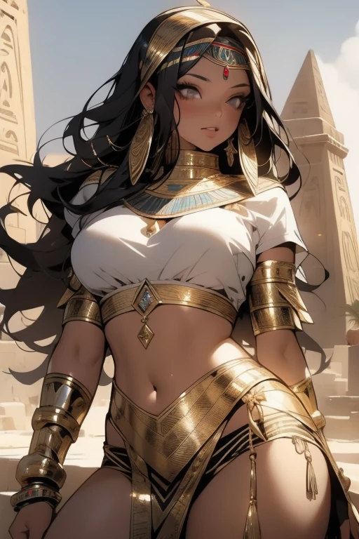 ((ouka_Studio)), Beautiful plump woman, 30 years old, Egyptian woman, Egyptian adornments, musculous,Perfect figure, head covered with an Egyptian headdress, dark-skin,Grease and sweat are shiny, warrior Sphinx with little clothing, tiny thong of old body with fabric replicating a dress, bra in the shape of a metallic snake covering only a small part of the large breasts, beautiful waist, Egyptian tattoo, arms covered by Egyptian adornments, Large breasts covered by bands of fabric, generous neckline, dark kingdom, Sexy pose, walking in a desert, pyramids in background