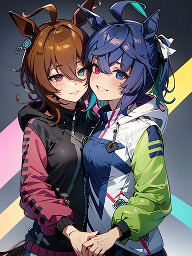 (​top-quality、hight resolution), Create an image of LoRa①'s character and LoRa②'s character embracing each other warmly. The scene should convey a sense of affection and intimacy, with both characters displaying expressions of comfort and happiness. The background can be a neutral setting to focus on the emotional connection between the two characters. Twin_Turbo_Umamusume, aqua hair, twintails, heterochromia, purple eyes, blue eyes, sharp teeth, multicolored hoodie, black leggings, agnes tachyon (umamusume)
