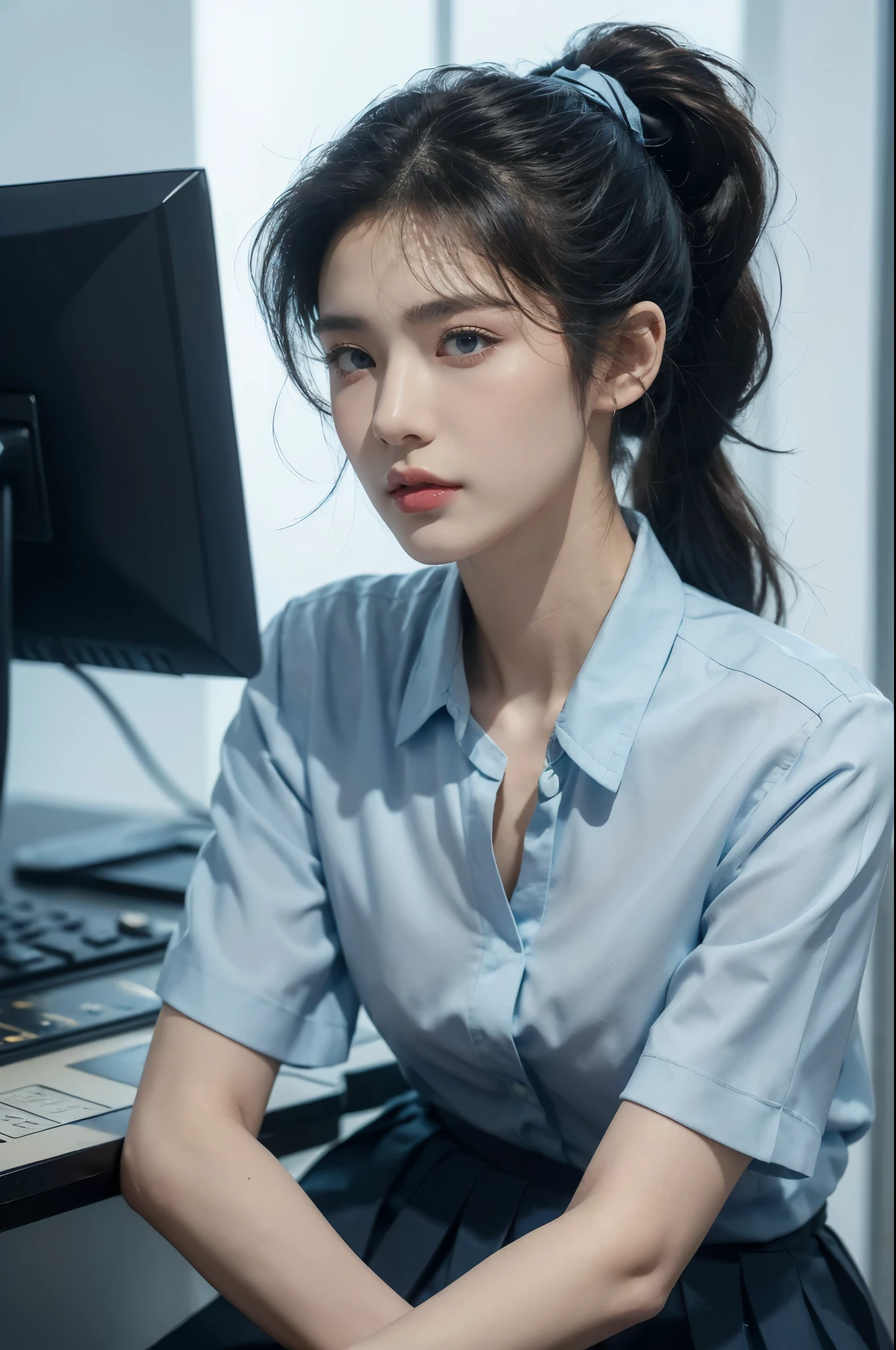 (((best quality))),(((ultra detailed))),(((masterpiece))),illustration,((1girl, female, Air Force commander,solo)),(short ponytail:1.2),((slim,thin)),((small breasts,flat chest)),poised, confidence, authority,(light blue collared short-sleeved shirt:1.3),(dark blue pleated skirt:1.2), (slender legs:1.2),piercing eyes, control panel, military airport, soldiers, duties, fighter jets, clear sky, engine roar, excitement, energy, control room, monitors, switches, mosaic colors, expertise, pilots, headset, calm voice, strong presence, attention, respect, leadership, dedication, courage, bravery, women in military, inner strength, resilience, inspiration,((from front,upper body))