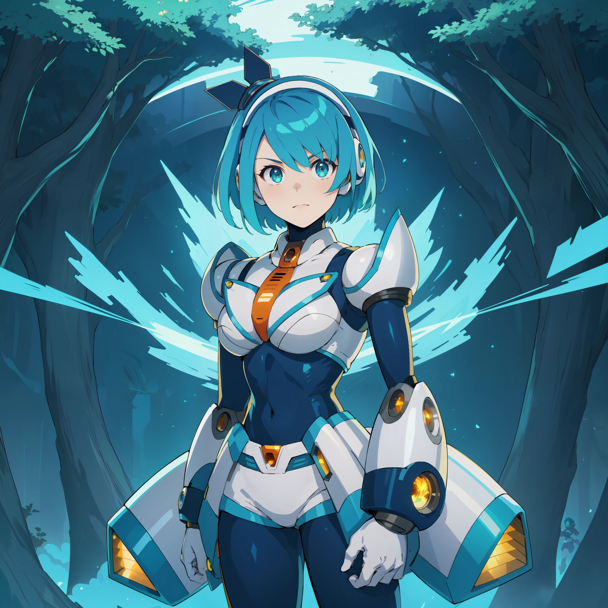 rico_megamanxdive, 1girl, solo, blue eyes, short hair, blue hair, android, high quality, masterpiece, standing with green flames coming from a tree