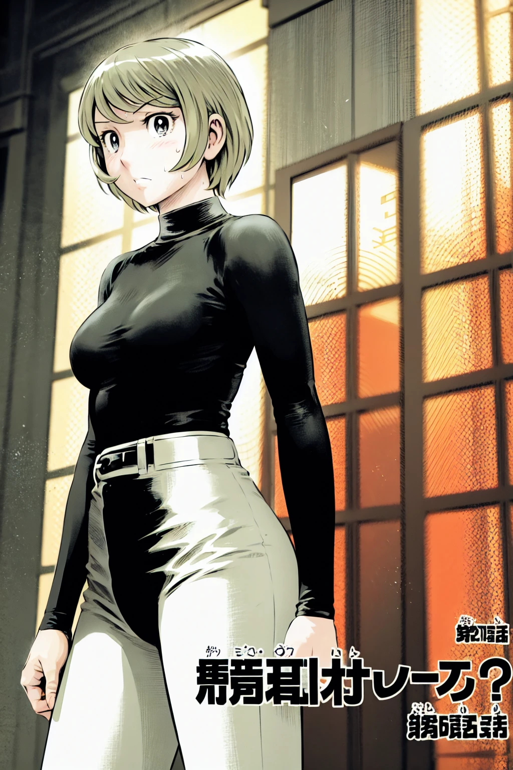 、(masterpiece、Highest quality)、Highest quality, Ultra-high resolution, (((masterpiece))), alone, Sweat、Big eyes,Tight black shirt、Tight white pants、belt、indoor、Composition from the front、（Cut the back hair short、short hair、blonde、woman）、Shortcuts、Embarrassed face、Cut your hair short、可愛いwomanの子、Big Breasts、office