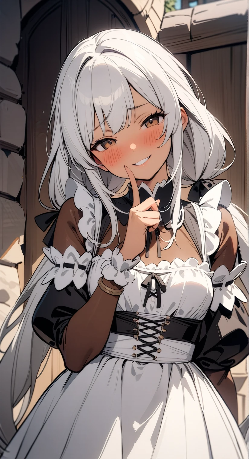 masterpiece, best quality, highres, intricate details, 4k, stunning, 1 woman, medieval maid, mature body, very long silver hair, kuragecut, hair intake, long twintails, low twintails, brown cocoa skin, blush, shy smile, cute headtilt, happy face, front view, closeup, finger on lips,