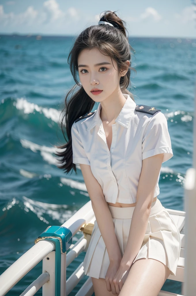 (((best quality))),(((ultra detailed))),(((masterpiece))),illustration,((1girl,naval officer,solo)),(short ponytail:1.2),((slim,thin)),((small breasts,flat chest)),(white collared short-sleeved shirt:1.3),(white pleated skirt:1.2),(slender legs:1.2),vibrant colors,ocean background,(on the warship:1.3),majestic,turquoise waves,sun reflection,white clouds,sky,brilliant shade of blue,confident posture,gaze fixed on horizon,wind,gently blows hair,stray strands,flutter in breeze,adventure,excitement,unknown waters,beauty,strength,determination,female power,resilience,striking looks,powerful setting,sea,captivating,inspiring image,viewer,drawn to presence,challenging environment,military service,bravery,dedication,((from front,upper body))