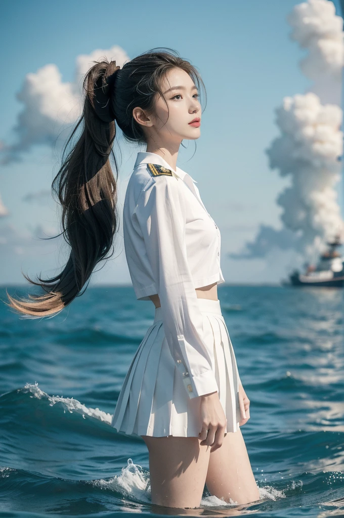 (((best quality))),(((ultra detailed))),(((masterpiece))),illustration,((1girl,naval officer,solo)),(short ponytail:1.2),((slim,thin)),((small breasts,flat chest)),(white collared short-sleeved shirt:1.3),(white pleated skirt:1.2),(slender legs:1.2),vibrant colors,ocean background,(on the warship:1.3),majestic,turquoise waves,sun reflection,white clouds,sky,brilliant shade of blue,confident posture,gaze fixed on horizon,wind,gently blows hair,stray strands,flutter in breeze,adventure,excitement,unknown waters,beauty,strength,determination,female power,resilience,striking looks,powerful setting,sea,captivating,inspiring image,viewer,drawn to presence,challenging environment,military service,bravery,dedication,((from front,upper body))