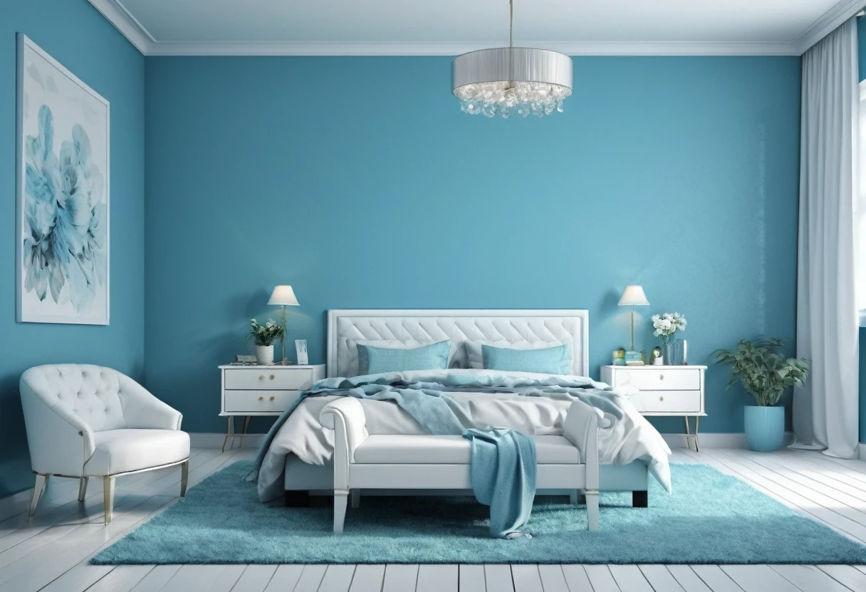 arafed bedroom with a bed, chair and a chair in front of a blue wall, bedroom background, bedroom interior, blue realistic 3 d render, elegant interior, brightly lit blue room, white bed, white and teal metallic accents, white and blue color scheme, personal room background, interior background, white furniture, white and pale blue toned, an interior of room