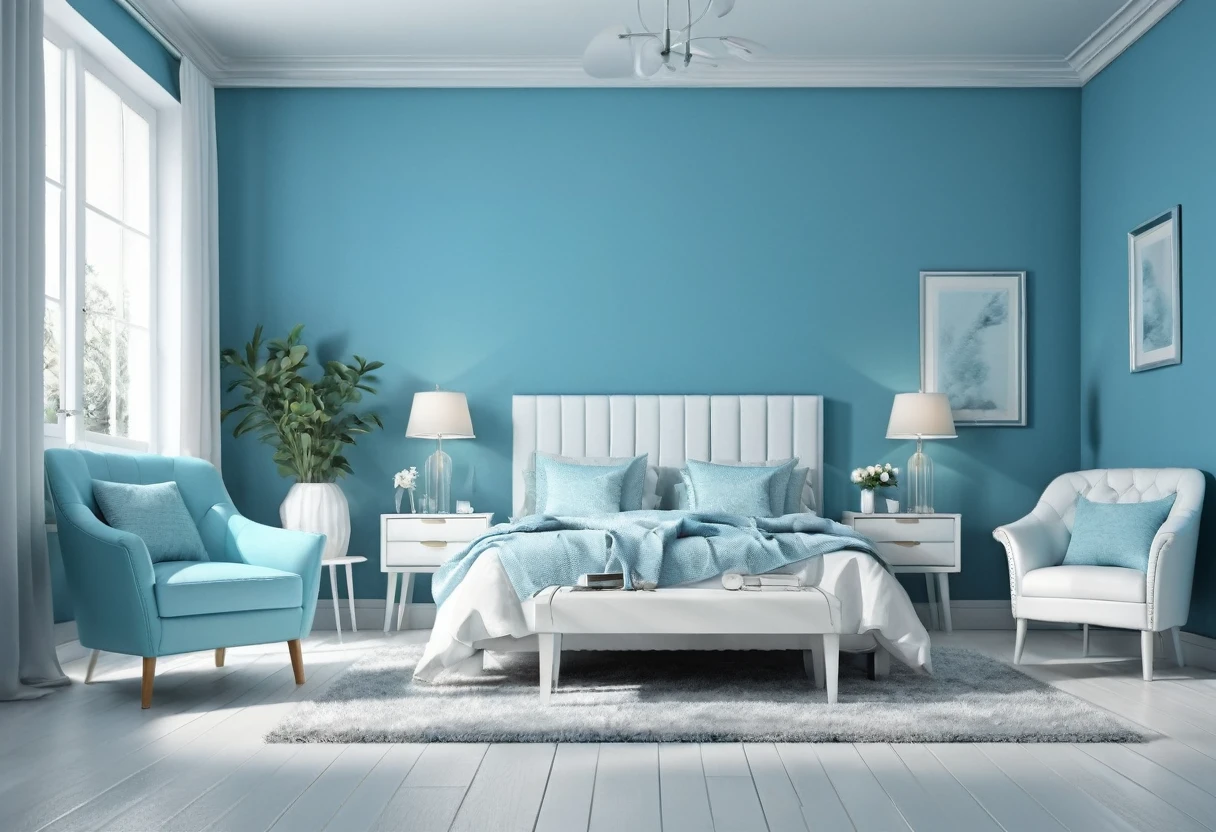 arafed bedroom with a bed, chair and a chair in front of a blue wall, bedroom background, bedroom interior, blue realistic 3 d render, elegant interior, brightly lit blue room, white bed, white and teal metallic accents, white and blue color scheme, personal room background, interior background, white furniture, white and pale blue toned, an interior of room