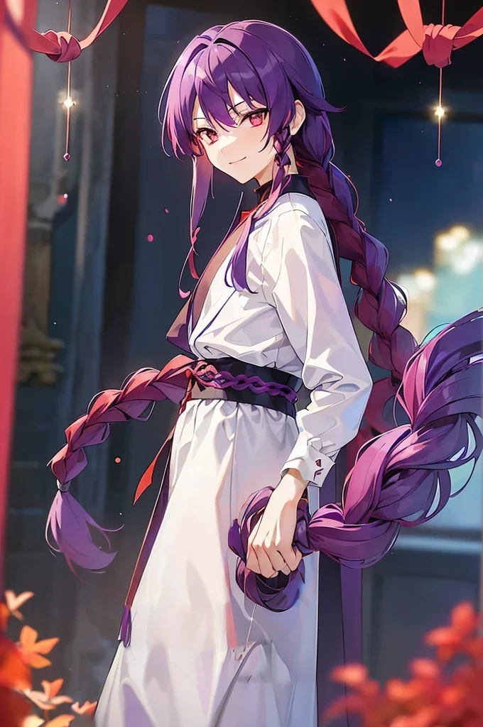 (((Purple Hair、Dye the inside of your hair red、Long Hair、Knot、Braid、Bright red eyes)))A man wearing a black robe、Smiling young man、Man standing facing forward、（（（A boy standing with a stick）、（White background）、{{masterpiece}}, The best quality of life