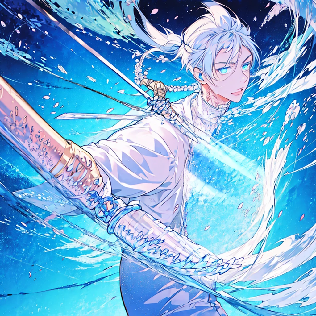 masterpiece , best quality , 1boy , ice , sword , anime , sky , glass , king, 1boy, white hair, blue eyes, White suit