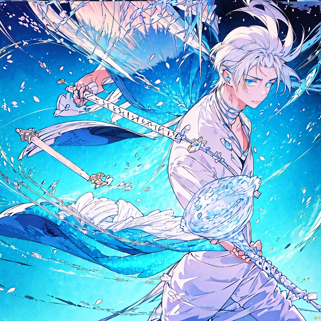 masterpiece , best quality , 1boy , ice , sword , anime , sky , glass , king, 1boy, white hair, blue eyes, White suit