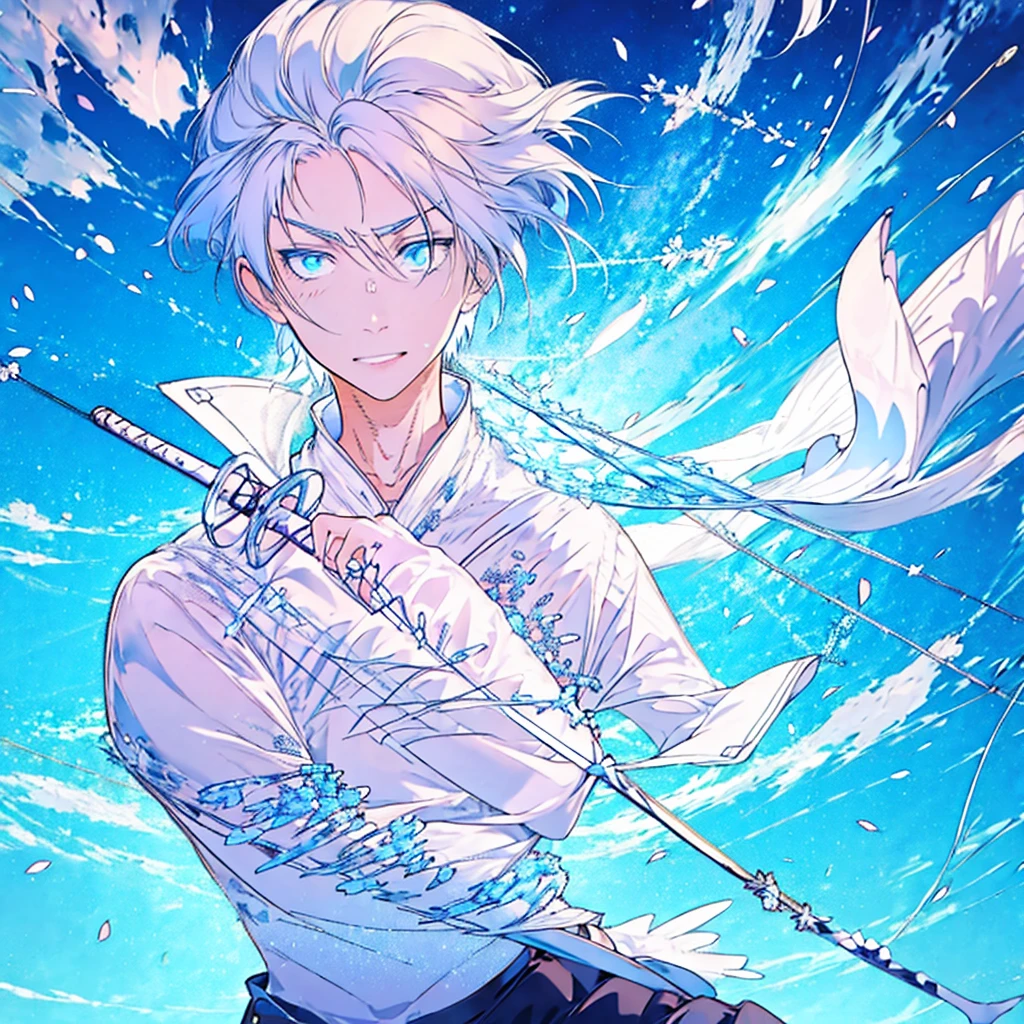 masterpiece , best quality , 1boy , ice , sword , anime , sky , glass , king, 1boy, white hair, blue eyes, White suit