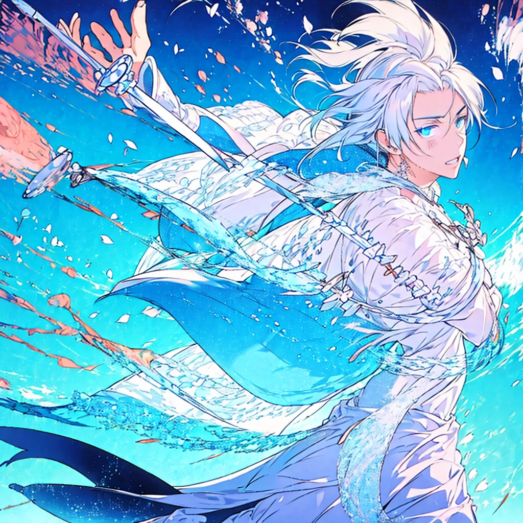 masterpiece , best quality , 1boy , ice , sword , anime , sky , glass , king, 1boy, white hair, blue eyes, White suit