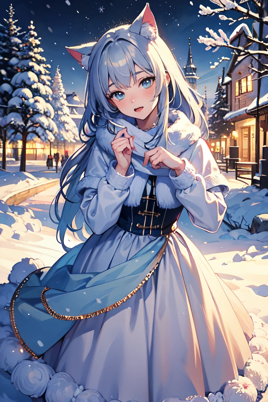 (illustration, 8k CG, extremely detailed),(whimsical),catgirl,teenage girl,playing in the snow,winter wonderland,snow-covered trees,soft pastel colors,gentle lighting,sparkling snow,joyful,magical atmosphere,highly detailed,fluffy cat ears and tail,intricate winter clothing,shallow depth of field,watercolor techniques,close-up shot,slightly tilted angle,fairy tale architecture,nostalgic,playful,winter magic,(masterpiece:2),best quality,ultra highres,original,extremely detailed,perfect lighting,