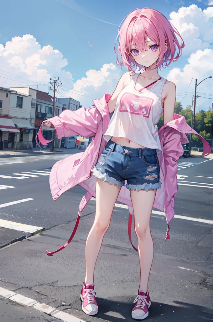 Pink hair,Purple Eyes,short hair,sister head,Two black hairpins,Girl,cute,laughing expression,Short sleeves with exposed shoulders,Denim shorts,Navel,Wearing sneakers,Standing on the ground,whole body,Don't show your arms,The background is the other side of the flower,A lot of red spider lilieany clouds