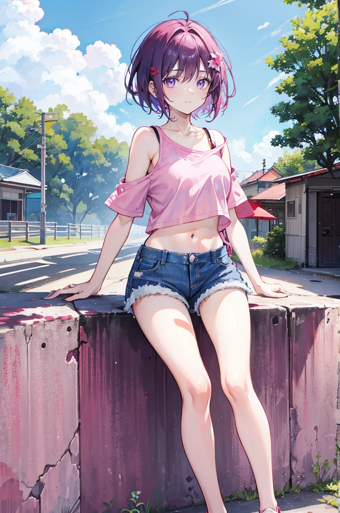 Pink hair，Purple Eyes，short hair，sister head，Two black hairpins，Girl，cute，laughing expression，Short sleeves with exposed shoulders，Denim shorts，Navel，Wearing sneakers，Standing on the ground，whole body，Don't show your arms，The background is the other side of the flower，A lot of red spider lilieany clouds