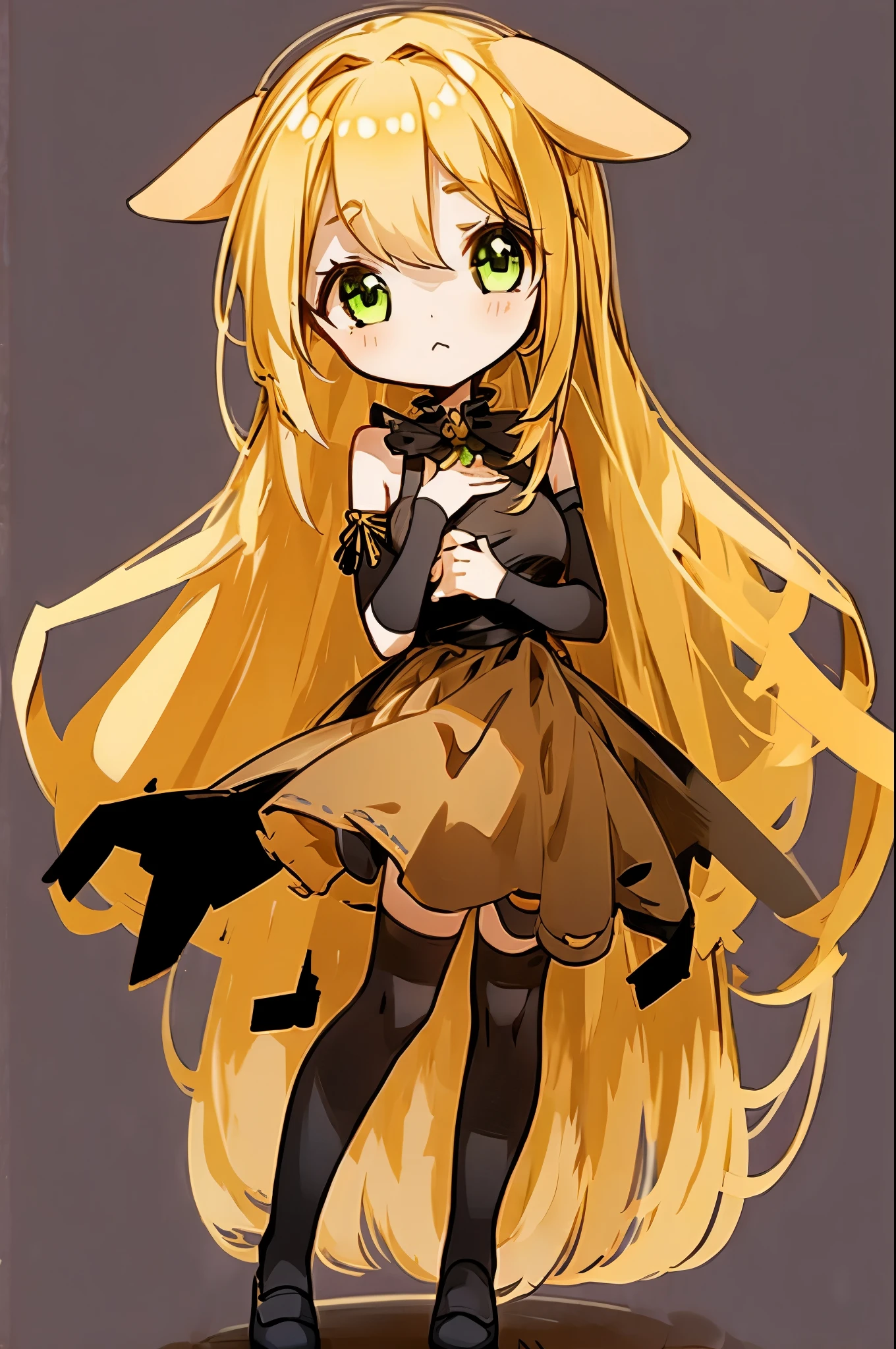 1girl with long golden hair, green eyes, floppy dog ears,emoteless face, golden dress with open shoulders. Black stockings. Chibi style, simple background, hand on chest, golden ears, full stand