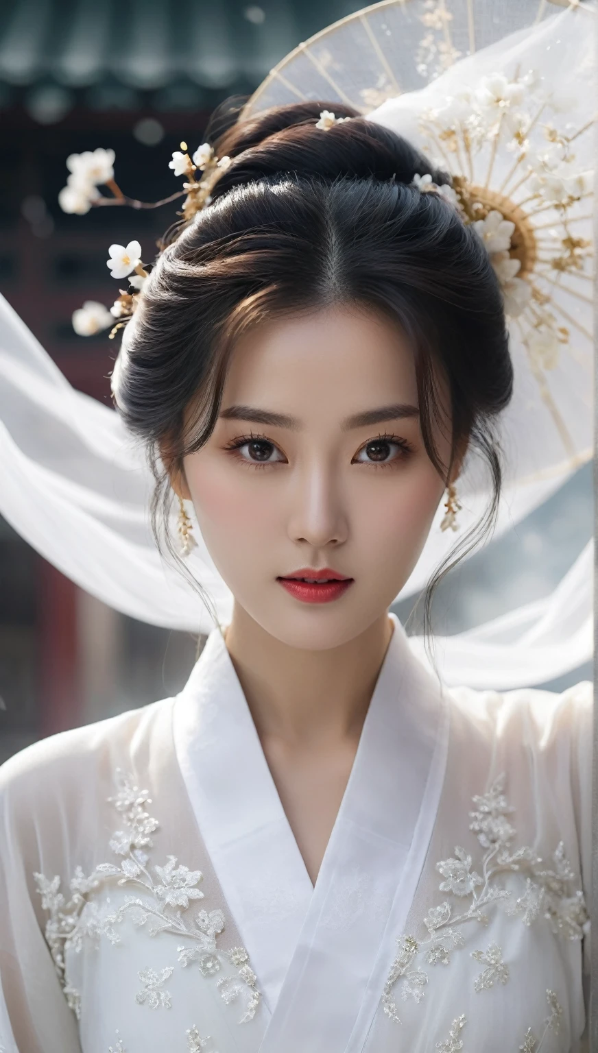 beautiful Korean woman, (((Mikamaria))), (motion blur:1.3), abnormally stunning beautiful face, black and white close-up,woman in intricate pure white hanbok dress, Flying in the air like a Chinese movie ,spinning frantically, translucent tingling air particles on dress hem,in ancient china, professional fashion photography,UHD, 4k, 8k