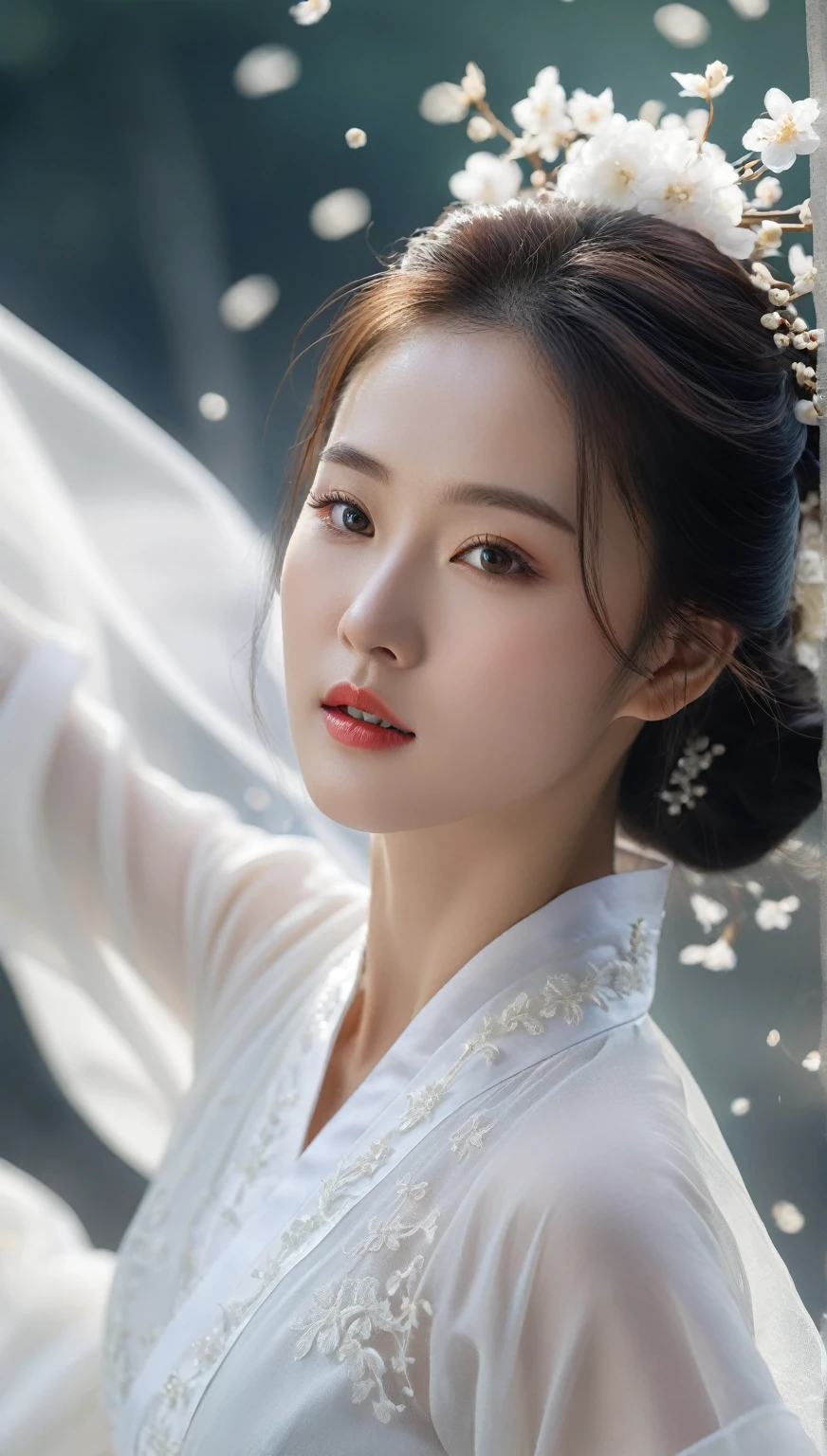 beautiful Korean woman, (((Mikamaria))), (motion blur:1.3), abnormally stunning beautiful face, black and white close-up,woman in intricate pure white hanbok dress, Flying in the air like a Chinese movie ,spinning frantically, translucent tingling air particles on dress hem,in ancient china, professional fashion photography,UHD, 4k, 8k