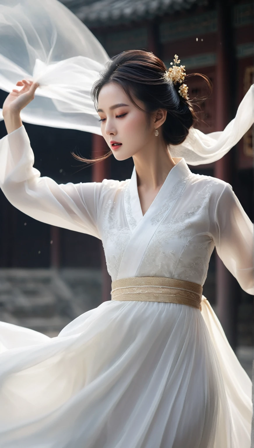 beautiful Korean woman, (((Mikamaria))), (motion blur:1.3), abnormally stunning beautiful face, black and white close-up,woman in intricate pure white hanbok dress, Flying in the air like a Chinese movie ,spinning frantically, translucent tingling air particles on dress hem,in ancient china, professional fashion photography,UHD, 4k, 8k