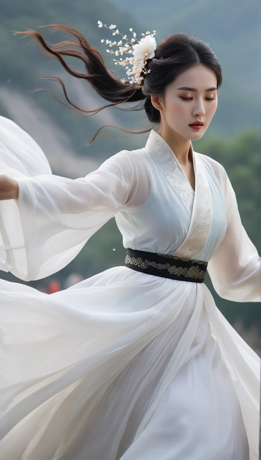 beautiful Korean woman, (((Mikamaria))), (motion blur:1.3), abnormally stunning beautiful face, black and white close-up,woman in intricate pure white hanbok dress, Flying in the air like a Chinese movie ,spinning frantically, translucent tingling air particles on dress hem,in ancient china, professional fashion photography,UHD, 4k, 8k