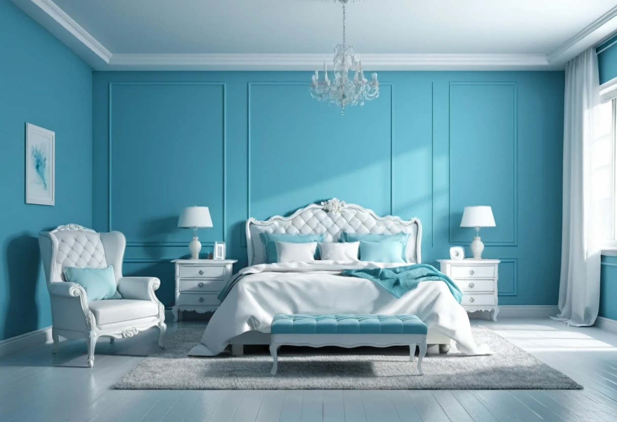 arafed bedroom with a bed, chair and a chair in front of a blue wall, bedroom background, bedroom interior, blue realistic 3 d render, elegant interior, brightly lit blue room, white bed, white and teal metallic accents, white and blue color scheme, personal room background, interior background, white furniture, white and pale blue toned, an interior of room