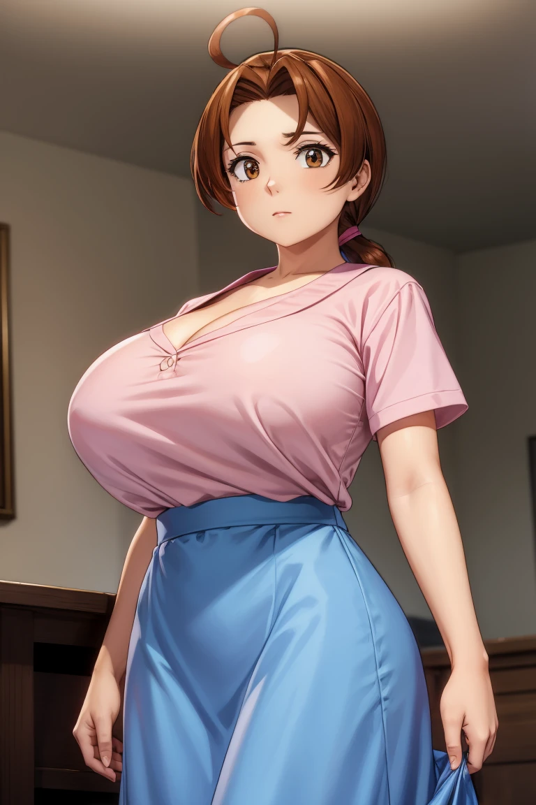 deliaketchum, deliaketchum, brown hair, (brown eyes:1.7), parted bangs, (ahoge:1.5), ponytail, low ponytail,
BREAK shirt, (pink shirt:1.2), cleavage, short sleeves, skirt, blue skirt, long skirt,
BREAK indoors,
BREAK looking at viewer, (cowboy shot:1.5),
BREAK (masterpiece:1.2), best quality, high resolution, unity 8k wallpaper, (illustration:0.8), (beautiful detailed eyes:1.6), extremely detailed face, perfect lighting, extremely detailed CG, (perfect hands, perfect anatomy),