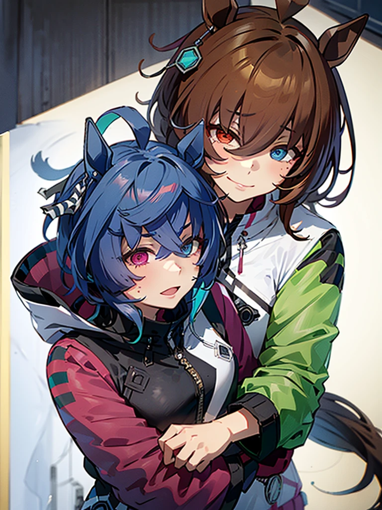 (top-quality、hight resolution), Create an image of LoRa①'s character and LoRa②'s character embracing each other warmly. The scene should convey a sense of affection and intimacy, with both characters displaying expressions of comfort and happiness. The background can be a neutral setting to focus on the emotional connection between the two characters. Twin_Turbo_Umamusume, aqua hair, twintails, heterochromia, purple eyes, blue eyes, sharp teeth, multicolored hoodie, black leggings, agnes tachyon (umamusume)